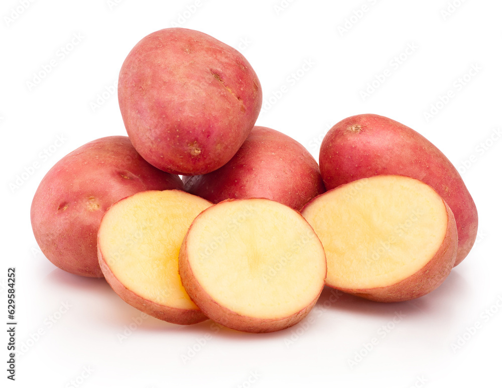 Red potatoes vegetables cut in slices isolated on white background Red potatoes vegetables cut in slices isolated on white background