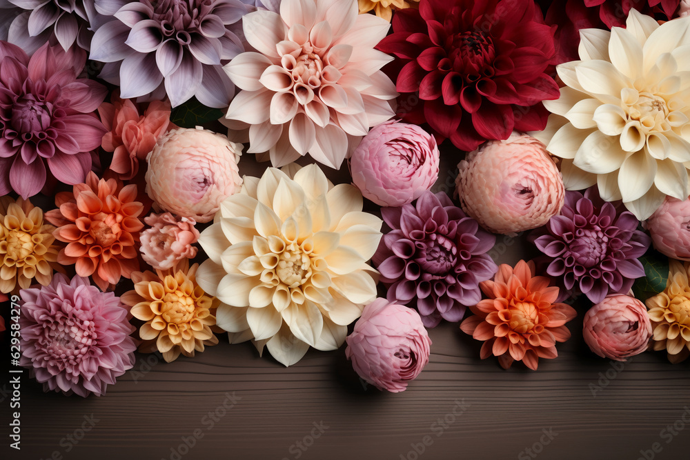 Dahlia and Garden Flowers on isolated white wooden background. AI generative