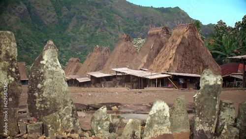 beautiful traditional houses lined perspective in Bena Bajawa Indonesia photo