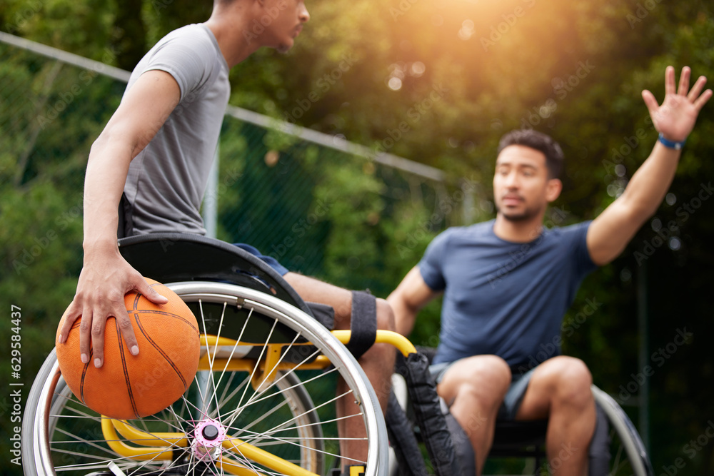 Obraz premium Sports game, wheelchair basketball player and people playing match competition, challenge or practice skills. Outdoor action, opponent and fitness athlete with disability, training and exercise