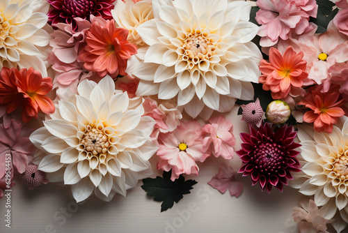 Dahlia and Garden Flowers on isolated white wooden background. AI generative