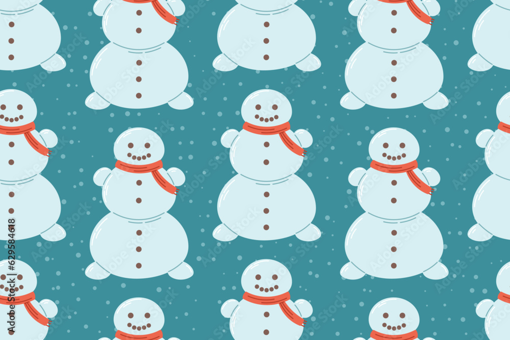 Funny cartoon children winter snowman with knitted scarf. Vector seamless pattern, christmas flat fairy tale character.