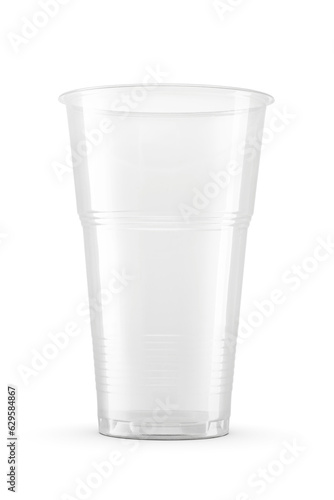 One empty disposable transparent plastic cup isolated with clipping path. Transparent PNG image.