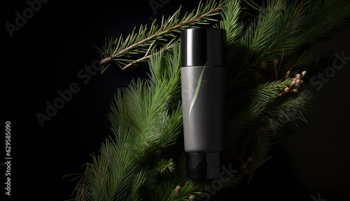 Christmas cosmetic mockup. Natural composition with jar or bottle of cream with spruce branches. Holidays background.Top view. Flat lay. template for the sale of winter cosmetics. Generative AI.