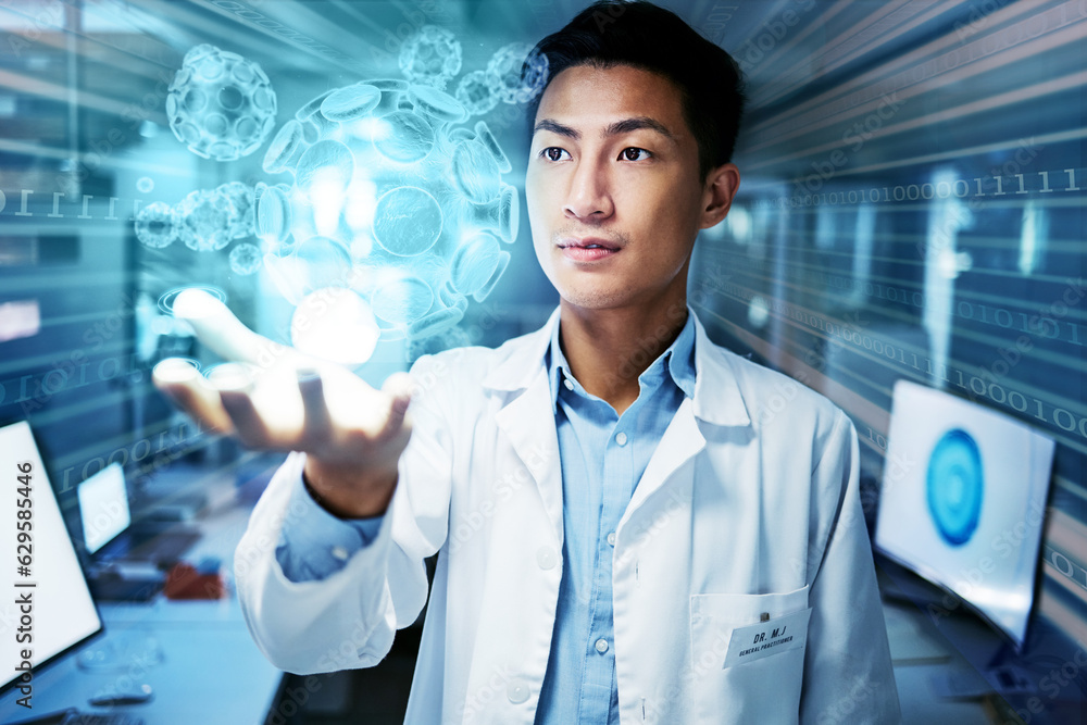 Scientist, future technology and medical research overlay with hologram, virus information and innovation. Science, thinking and Asian man with holographic data, study results and problem solving. Scientist, future technology and medical research overlay with hologram, virus information and innovation. Science, thinking and Asian man with holographic data, study results and problem solving.