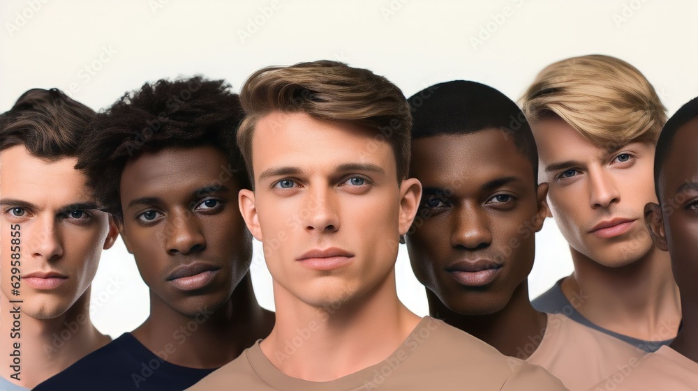 A diverse group of handsome men with natural skin and glowing smooth skin