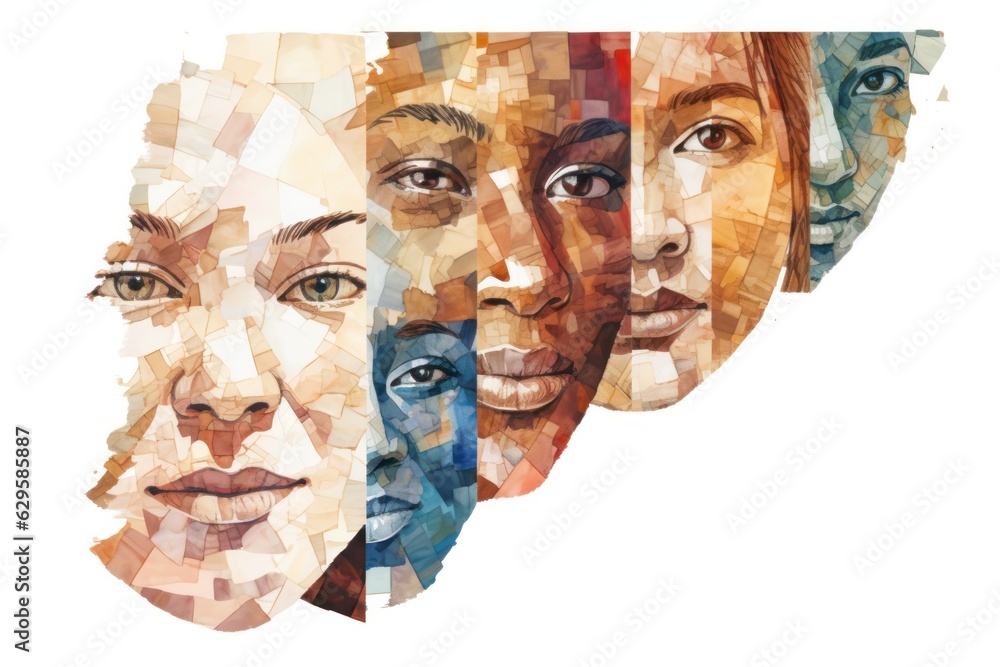 Human face collage pieces of different portrait of men and women of diverse multiracial age and race - obrazy, fototapety, plakaty 