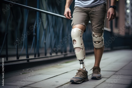 man walking with Futuristic Cybernetic Prosthetic Leg Revolutionizes Rehabilitation photo