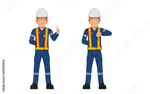 Threes industrial worker are raising hand sign thumbs up and thumbs down