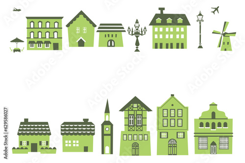 西洋風の建物、街並みのカラフルベクターイラスト素材セット
