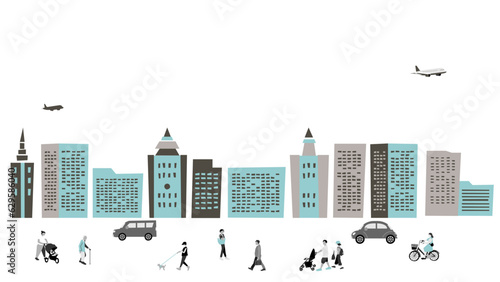 ビル街の街並みと通行人のベクターイラスト素材セット