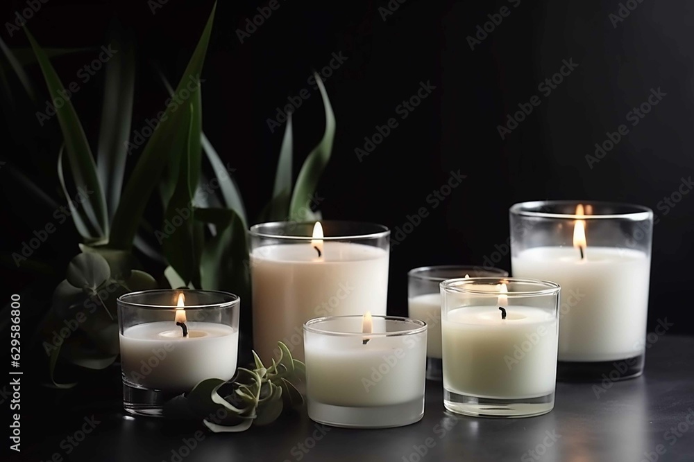Burning white scented candles in a glass on a table with plants nearby in a minimalist style generative AI technology