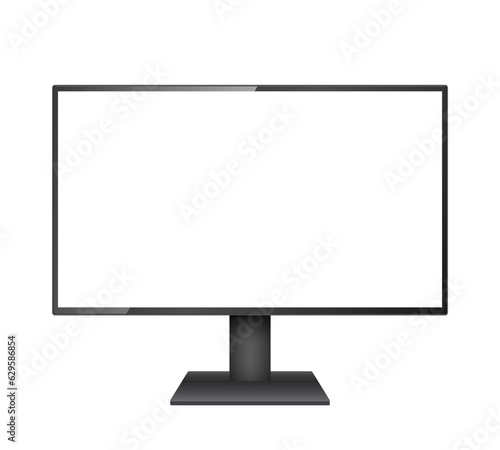 Computer monitor vector mockup. Pc template with blank screen. Black desktop isolated on white background.