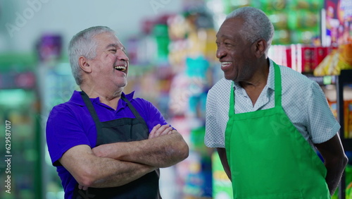 Smiling Senior Workers in Grocery Store Uniforms depicting job occupation with joyful expression
