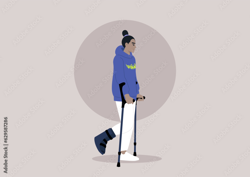 A young character with a fractured leg using crutches and hard shell boot to walk, a checkup appointment with a doctor A young character with a fractured leg using crutches and hard shell boot to walk, a checkup appointment with a doctor