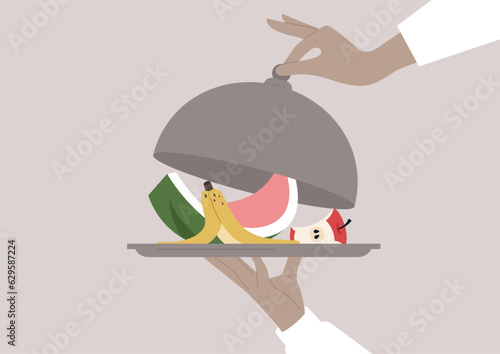 Fruit leftovers served on a silver tray under the cloche dome