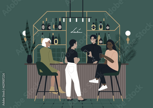 Wine bar scene, a bartender and three customers at the counter, relaxing atmosphere, fine interior design
