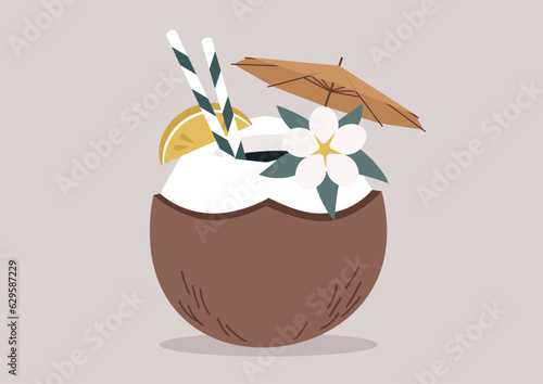 A coconut cocktail decorated with an umbrella, fruits, and flowers