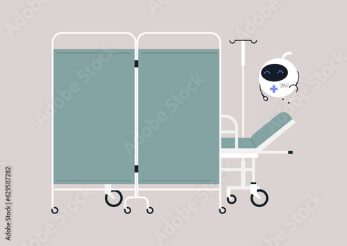 In the medical facility, a robotic doctor stationed next to a movable hospital screen partition, with a bed concealed behind a room divider