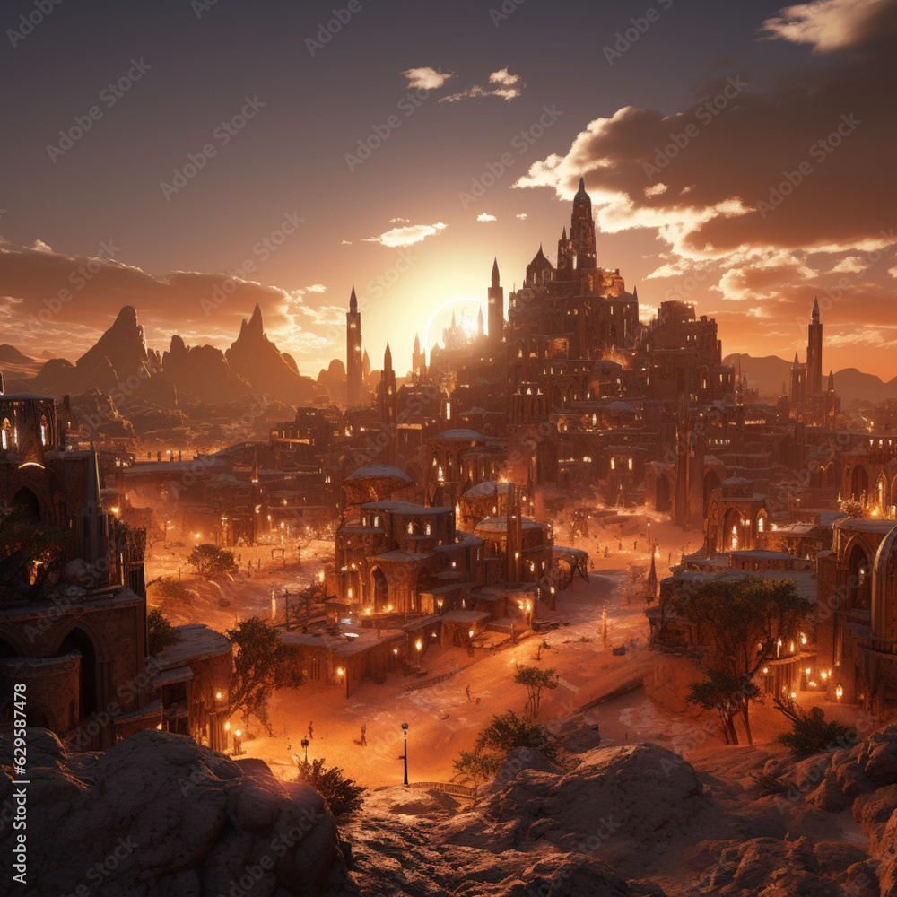 Naklejka premium Stunning TCG Fantasy City Art: Dive into a meticulously crafted fantasy cityscape. Ideal for immersive gameplay, this design adds depth to any deck or game environment.