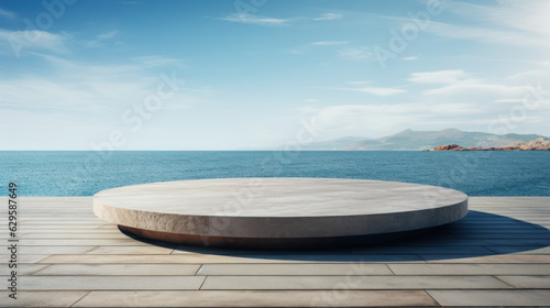 A white marble pedestal overlooking the serene sea, perfect for product placement, generative AI
