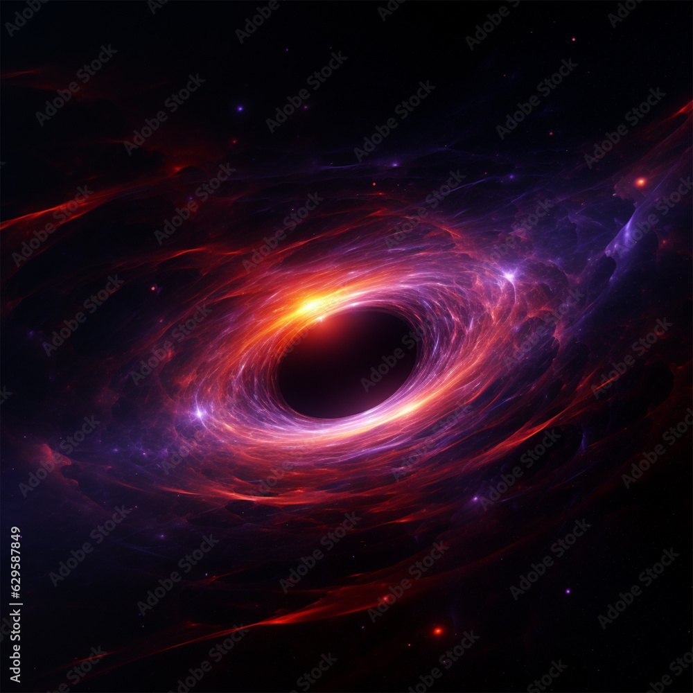 A black hole with a glowing constellation of various colors revolves around a black hole in the universe. A black hole with a glowing constellation of various colors revolves around a black hole in the universe.