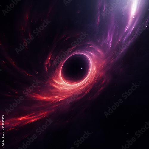 A black hole with a glowing constellation of various colors revolves around a black hole in the universe.