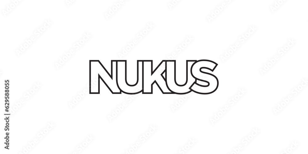 Nukus in the Uzbekistan emblem. The design features a geometric style, vector illustration with bold typography in a modern font. The graphic slogan lettering.