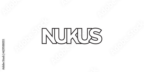 Nukus in the Uzbekistan emblem. The design features a geometric style, vector illustration with bold typography in a modern font. The graphic slogan lettering.