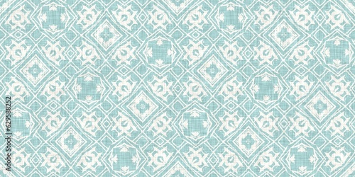Aqua teal blue white vibrant watercolor batik azulejos tile border banner background. Seamless coastal blur linen effect geometric mosaic effect.Boho Patchwork nautical masculine summer ribbon trim. 