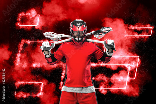 Lacrosse player, athlete in the red neon lights. Download photo for sports betting advertisement. Website header. Sports design in neon glow. Sport and motivation wallpaper. © Mike Orlov