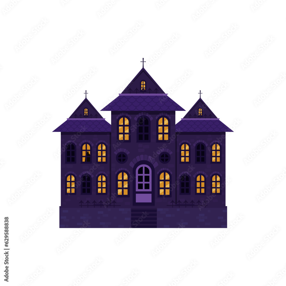 Halloween castle house isolated. Dark palace star architecture. Flat cartoon vector illustration.