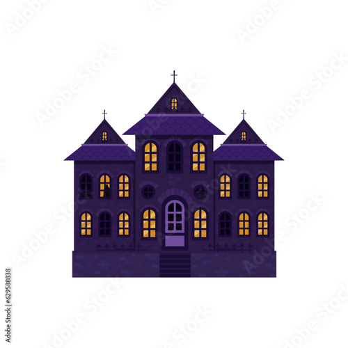 Halloween castle house isolated. Dark palace star architecture. Flat cartoon vector illustration.