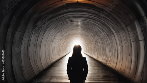 Silhouette of a woman in a tunnel with light at the end