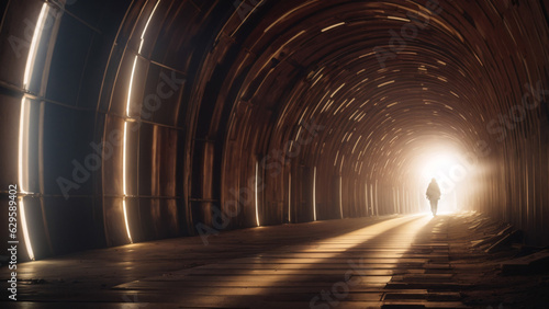 Man walking in a dark tunnel, toned image