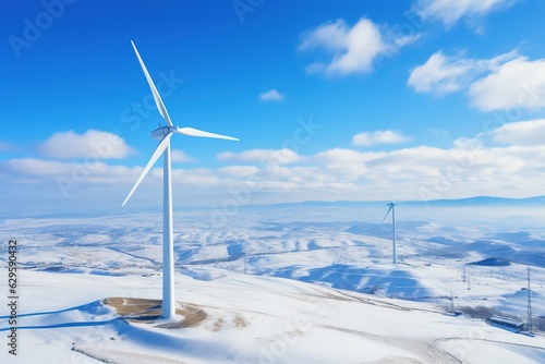 Aerial view of a wind turbine surrounded with snow under the blue sky © Маргарита Вайс