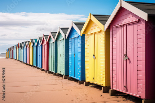 Vibrant beach huts form a picturesque row, their backdrop adorned by a clear blue sky.