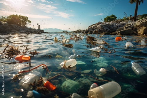 river mouth polluted with plastic waste. Ecology concept photo
