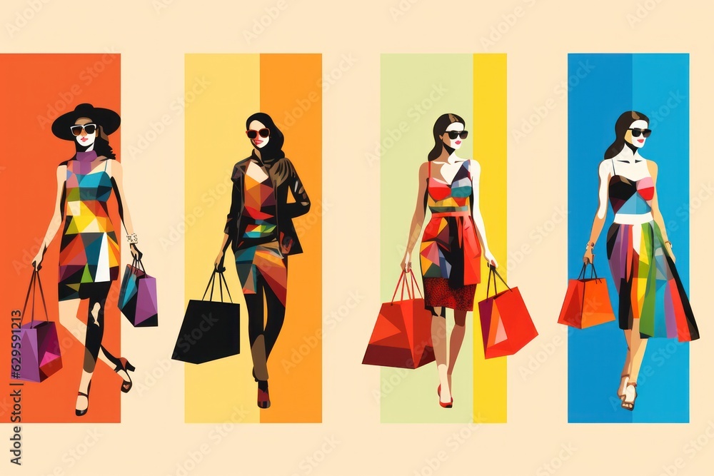 Collage Set Women in Colorful Outfits with Shopping Bags, Sale, Discount, Black Friday Excitement
