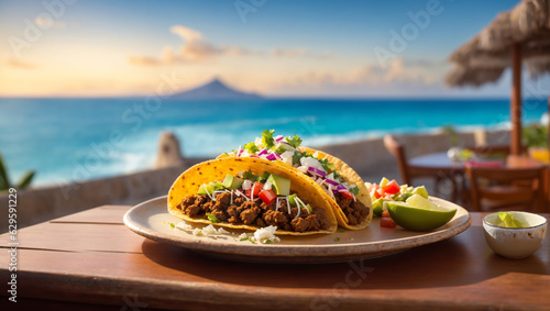 A visually stunning photograph of a Taco placed on a table with view of a town, serene ocean, and majestic mountains in Cancun.