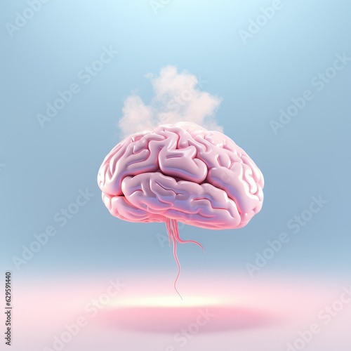 Floating human pink brain with vapor coming out. Brainstorming creative concept. Generative AI