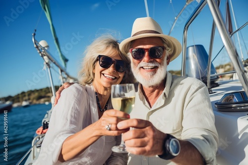 Senior couple holding champagne on a sailboat vacation © Denisa