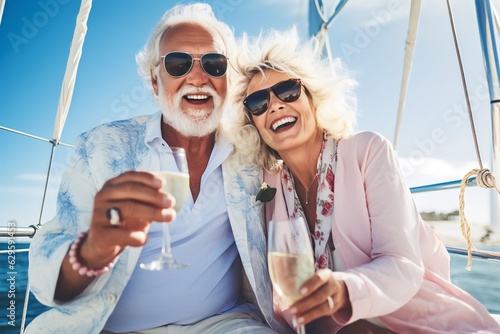 Senior couple holding champagne on sailboat vacation, Happy parents having fun celebrating wedding anniversary on boat trip © Salsabila Ariadina
