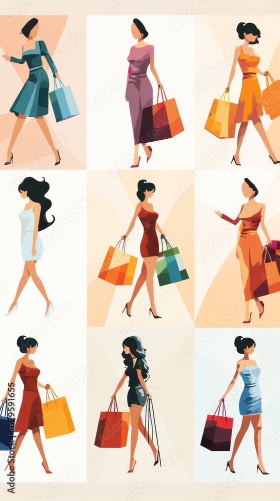 Naklejka premium Collage Set of Women in Colorful Outfits, Shopping Bags, Sale, Discount, and Black Friday