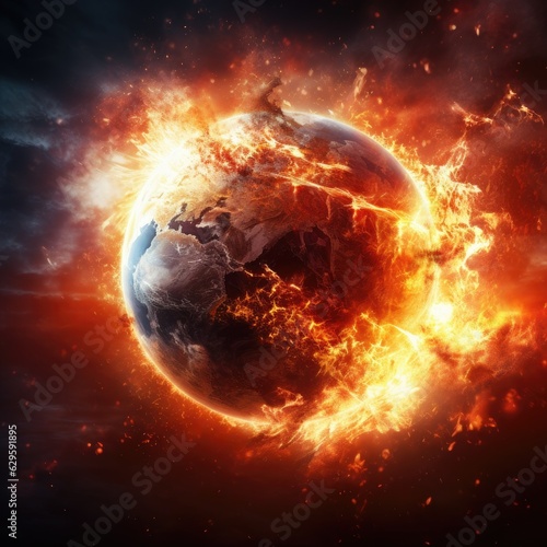 Fototapeta Naklejka Na Ścianę i Meble -  Fire planet burning in space. Global catastrophe concept illustration. Generative AI