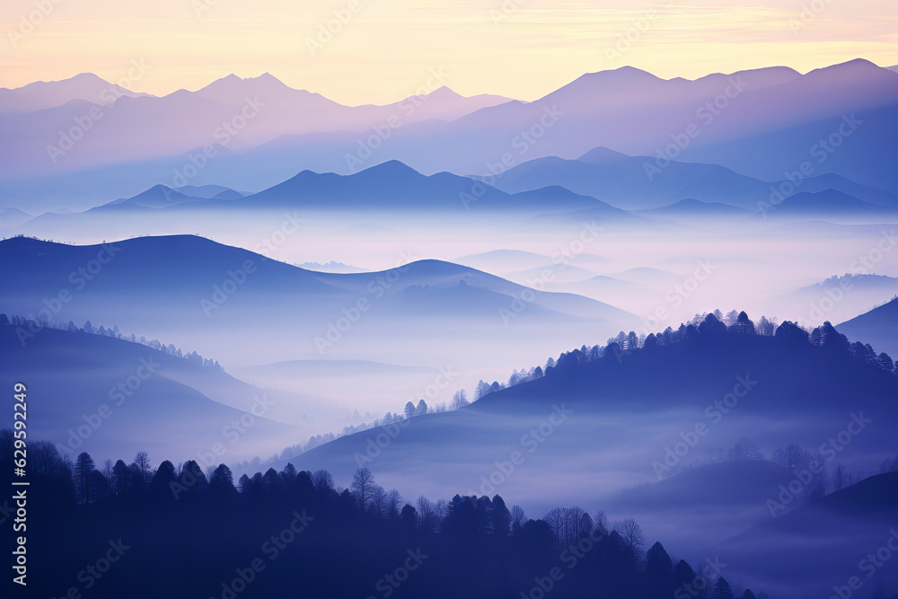 Mountain silhouettes in the fog