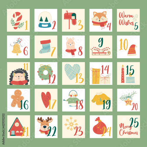 Hand drawn festive christmas advent calendar