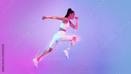 Sporty Lady Running In Mid Air Over Pink Neon Background