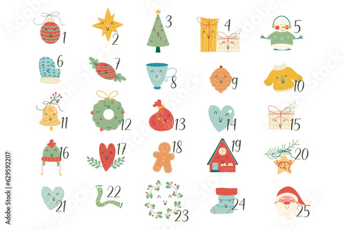 Hand drawn christmas kawaii advent calendar