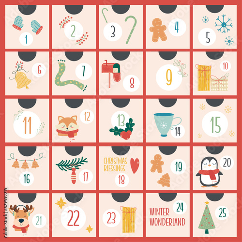 Hand drawn christmas advent calendar with animal characters